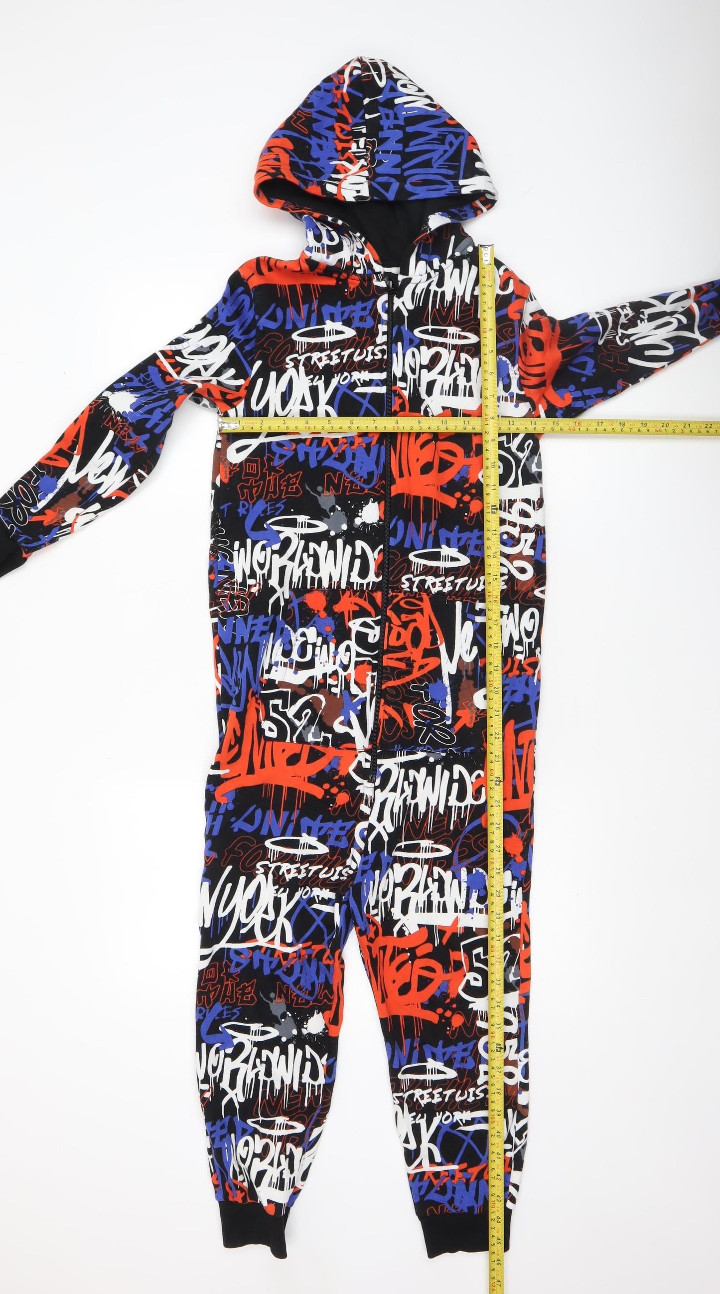 H&M Boys Multicoloured One Piece Pyjama Set Hooded 8-10 Years Graffiti Print