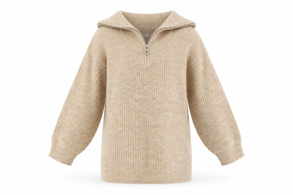 Front view of I Love Girlswear Beige Half Zip Jumper girls’ age 7 years acrylic knit