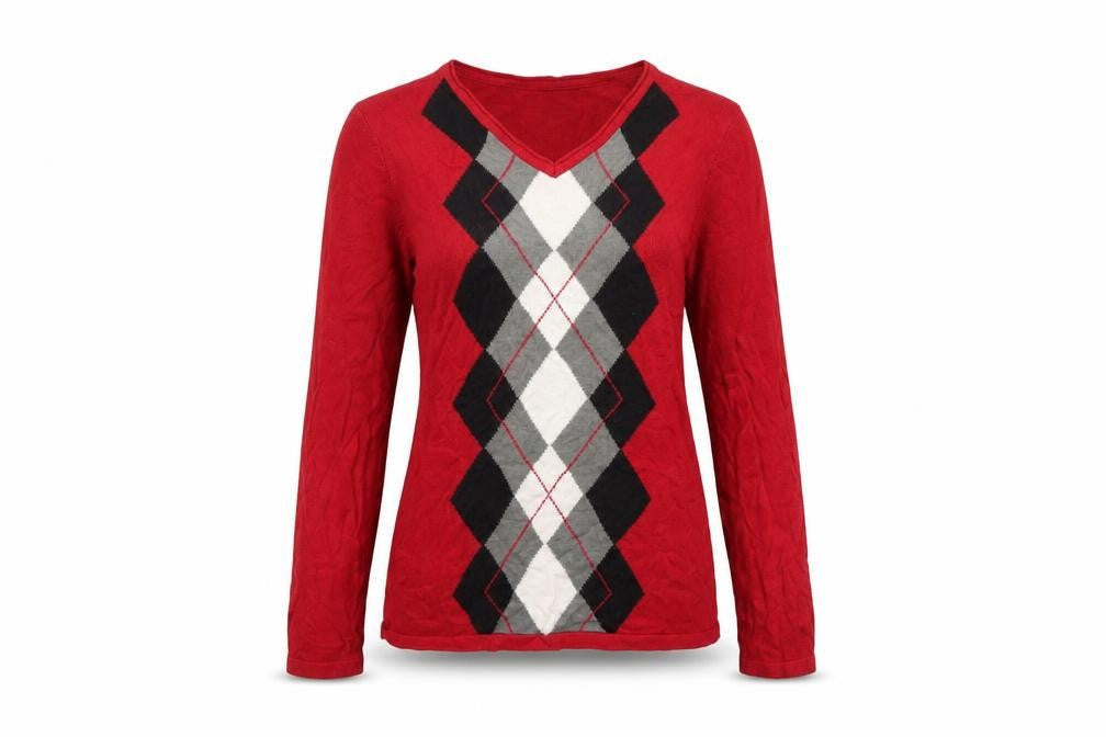 Croft & Barrow Women's Red Argyle V-Neck Cotton Jumper Size S