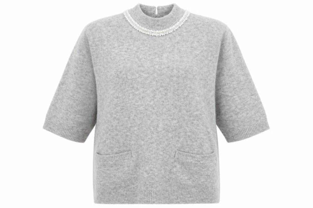 Front view of ICHI Women's Grey Beaded High Neck 3/4 Sleeve Knit Jumper, size L