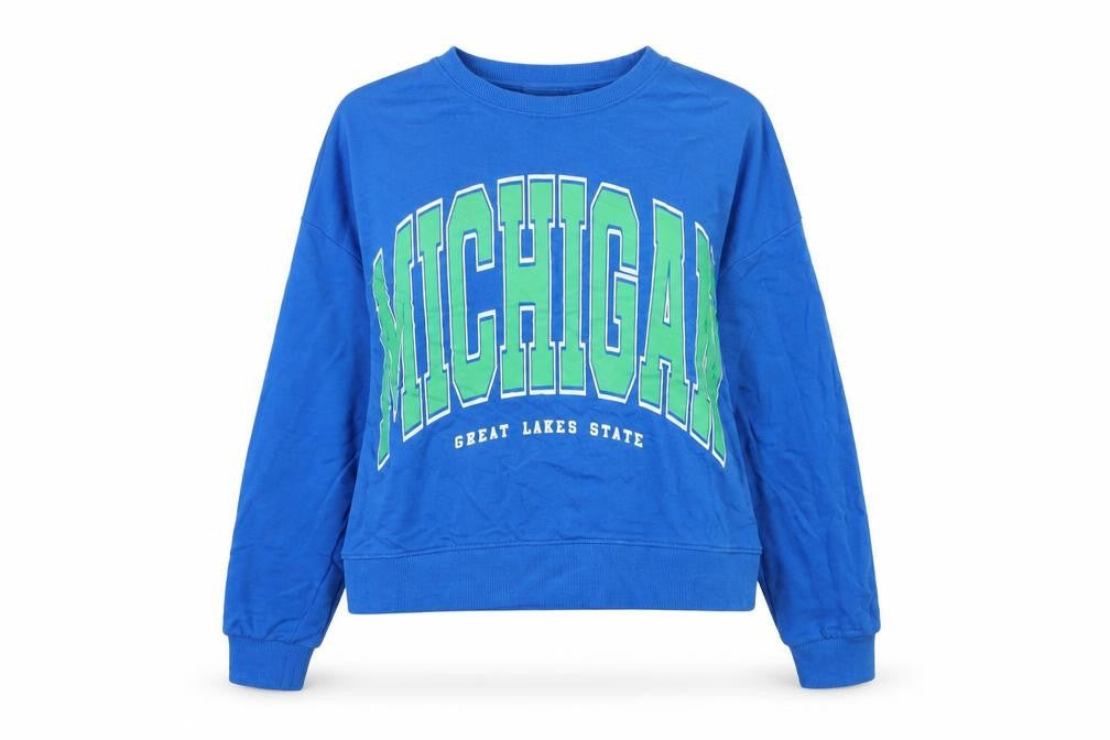 Stradivarius Women Blue Michigan Graphic Pullover Sweatshirt Size 12