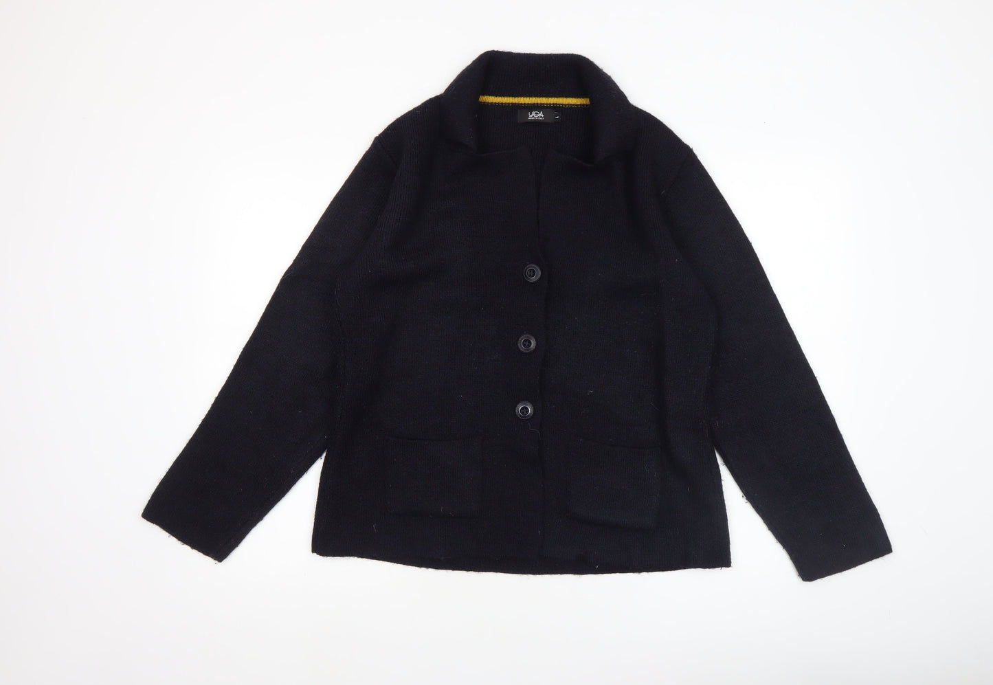 Yida Women Black Long Sleeve Wool Blend Collared Cardigan L