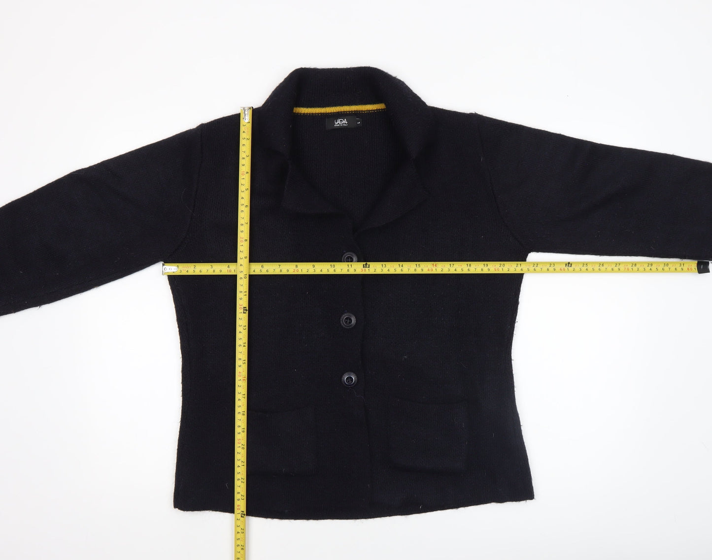 Yida Women Black Long Sleeve Wool Blend Collared Cardigan L