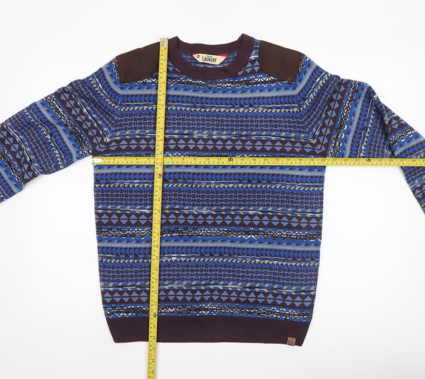 Tokyo Laundry Men's Blue Geometric Knit Crew Neck Jumper Size M