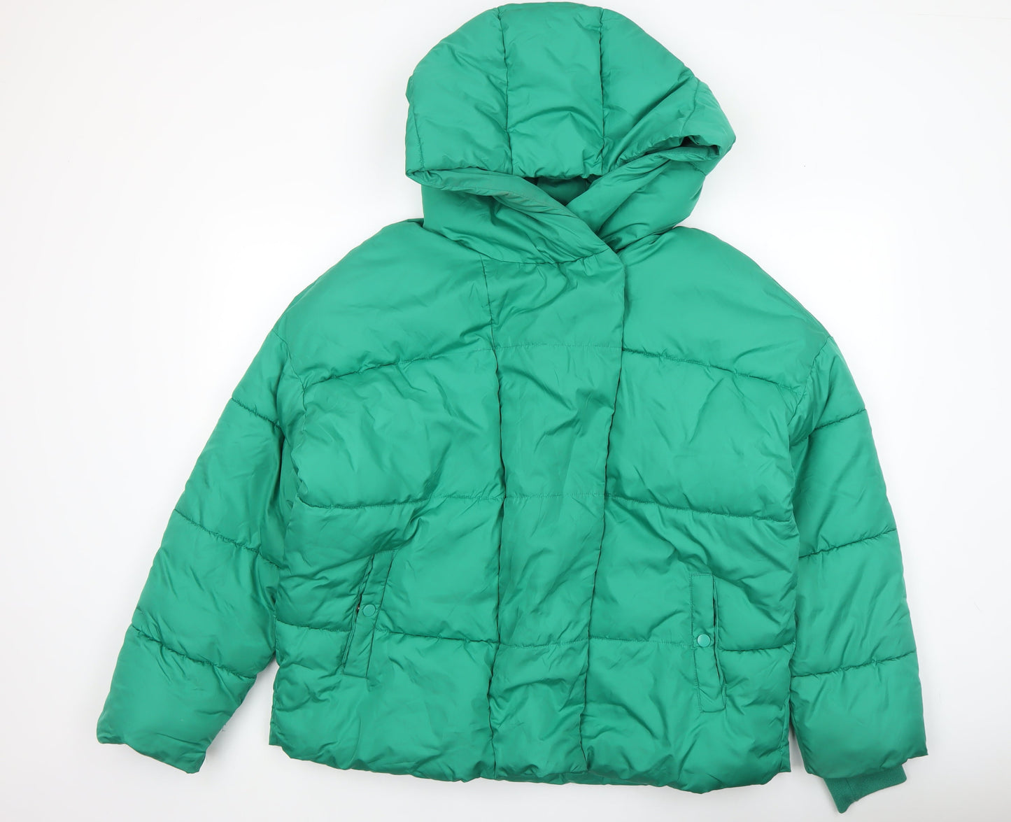 Primark Women Green L Puffer Jacket Hooded Mid-Length Winter Coat