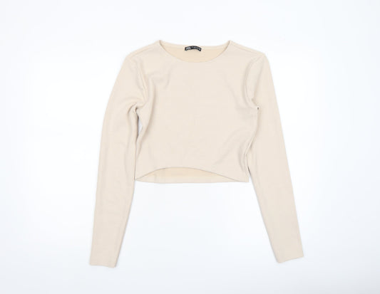 Zara Women's Beige Long Sleeve Cropped Ribbed T-Shirt Size L