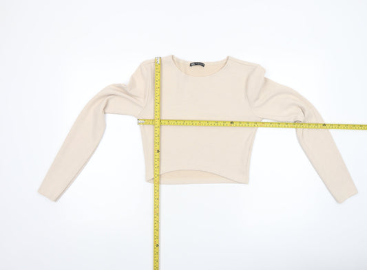 Zara Women's Beige Long Sleeve Cropped Ribbed T-Shirt Size L