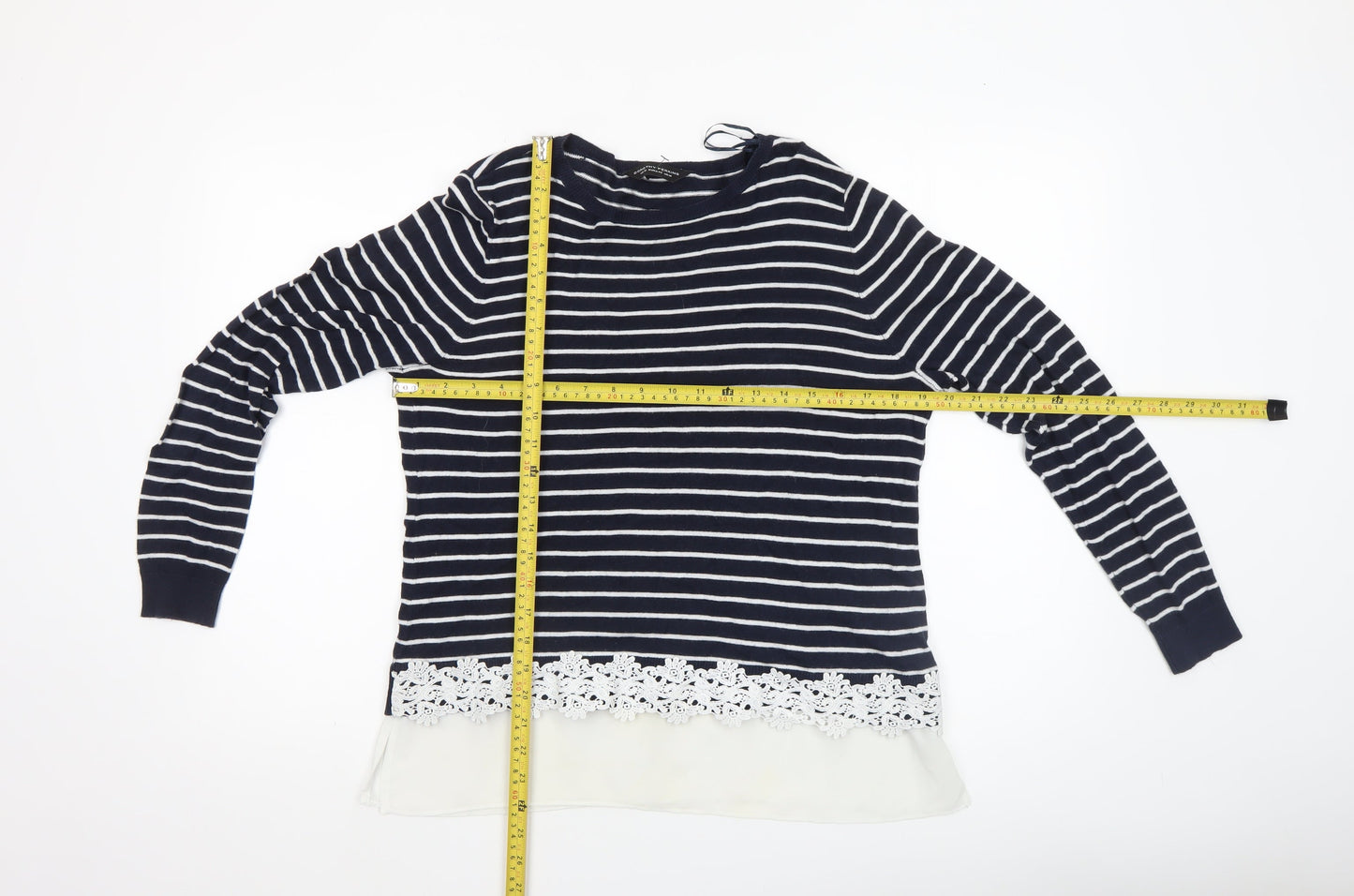 Dorothy Perkins Women's Blue Striped Lace Hem Jumper Size 14