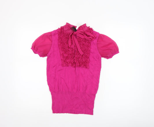 Next Women's Pink Ruffle Bow Short Sleeve High Neck Blouse Size 10