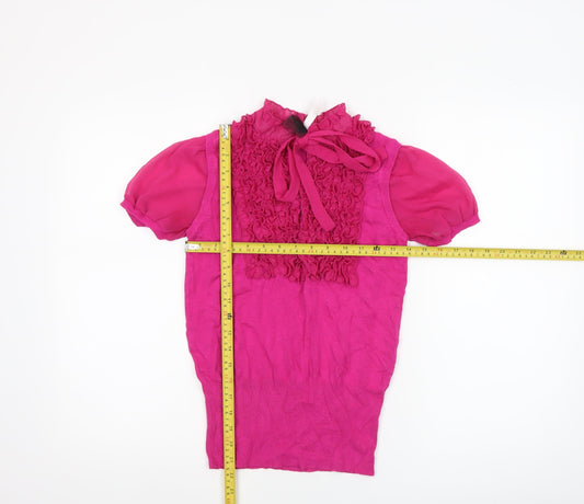 Next Women's Pink Ruffle Bow Short Sleeve High Neck Blouse Size 10