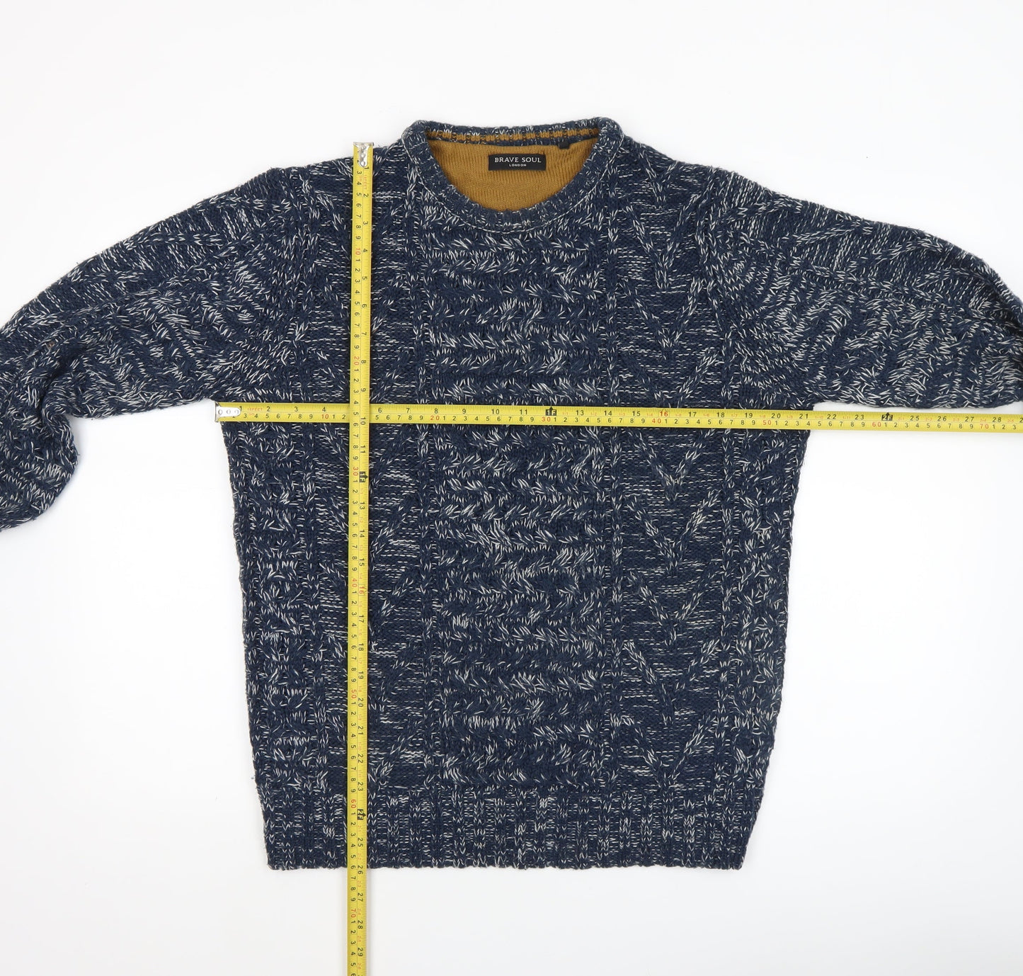 Brave Soul Men's Blue Crew Neck Cable-Knit Jumper Size S