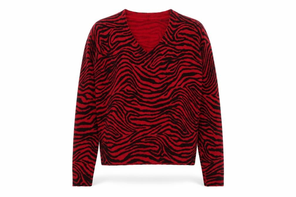 Marks and Spencer Women's Red Animal Print V-Neck Acrylic Jumper Size S