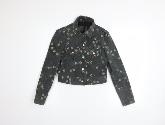 AllSaints Women’s Black Floral Lamb Leather Cropped Biker Jacket Size 6