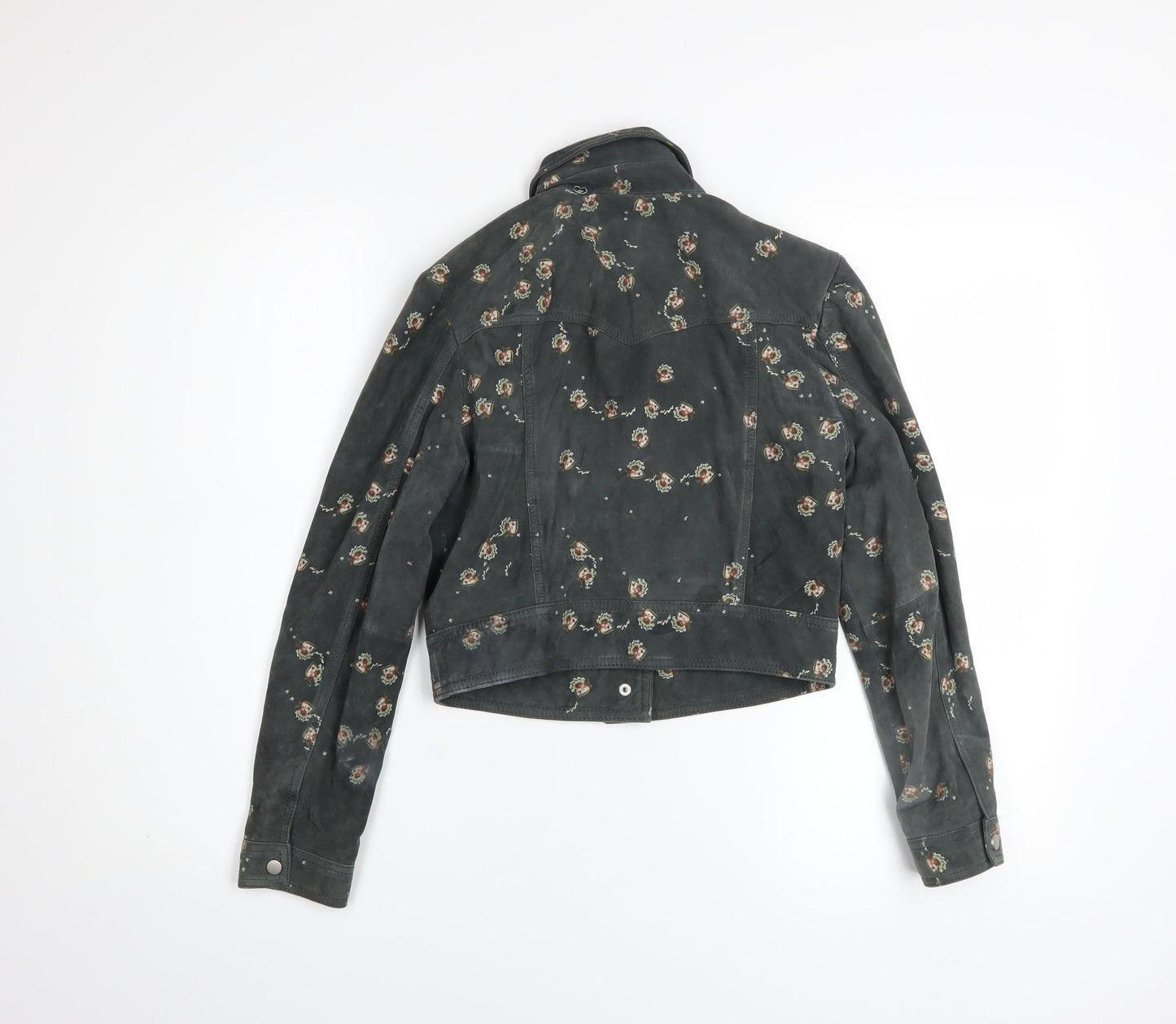 AllSaints Women’s Black Floral Lamb Leather Cropped Biker Jacket Size 6