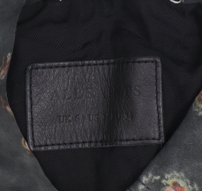 AllSaints Women’s Black Floral Lamb Leather Cropped Biker Jacket Size 6