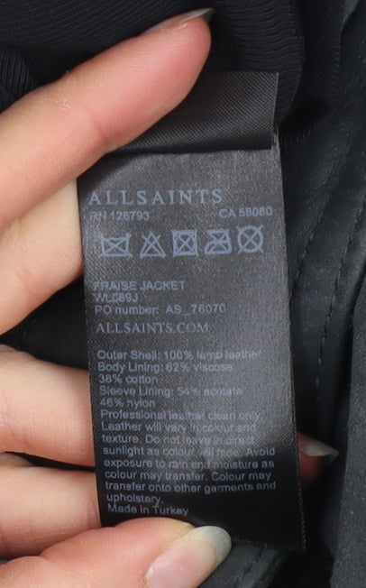 AllSaints Women’s Black Floral Lamb Leather Cropped Biker Jacket Size 6