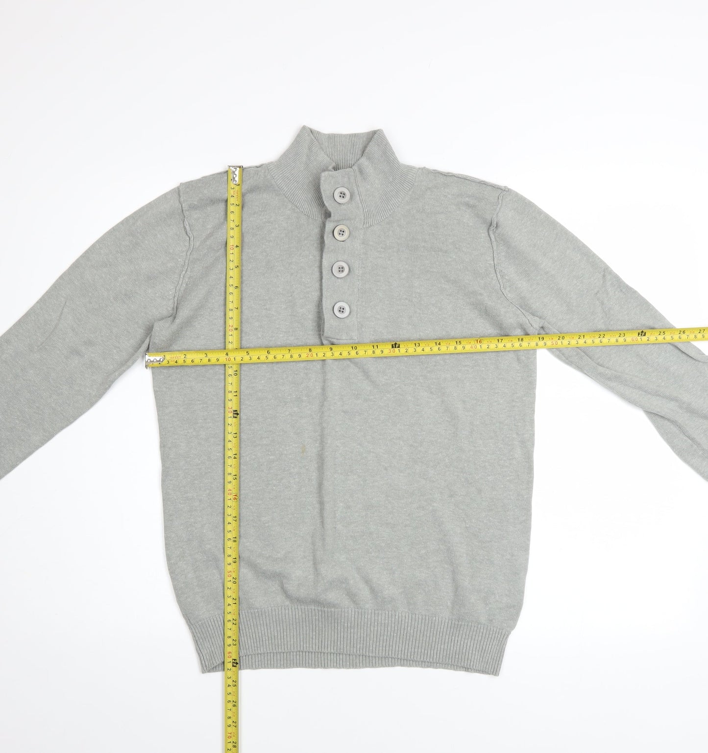 White Label Men’s Grey Henley Jumper Size S High Neck Cotton Acrylic