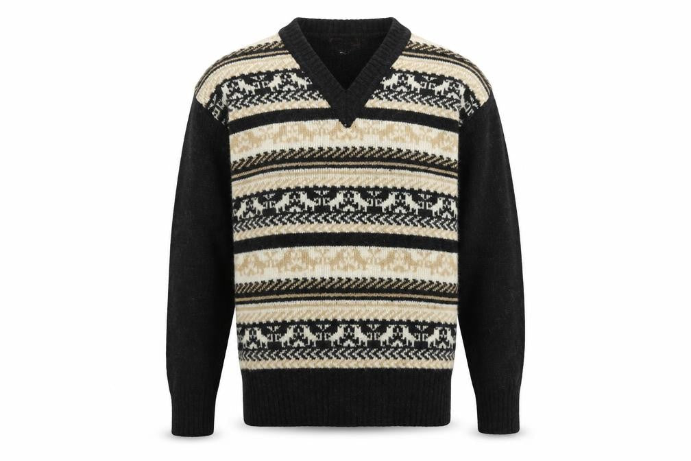 Foster Mens Beige Fair Isle Wool Blend V-Neck Jumper Size L