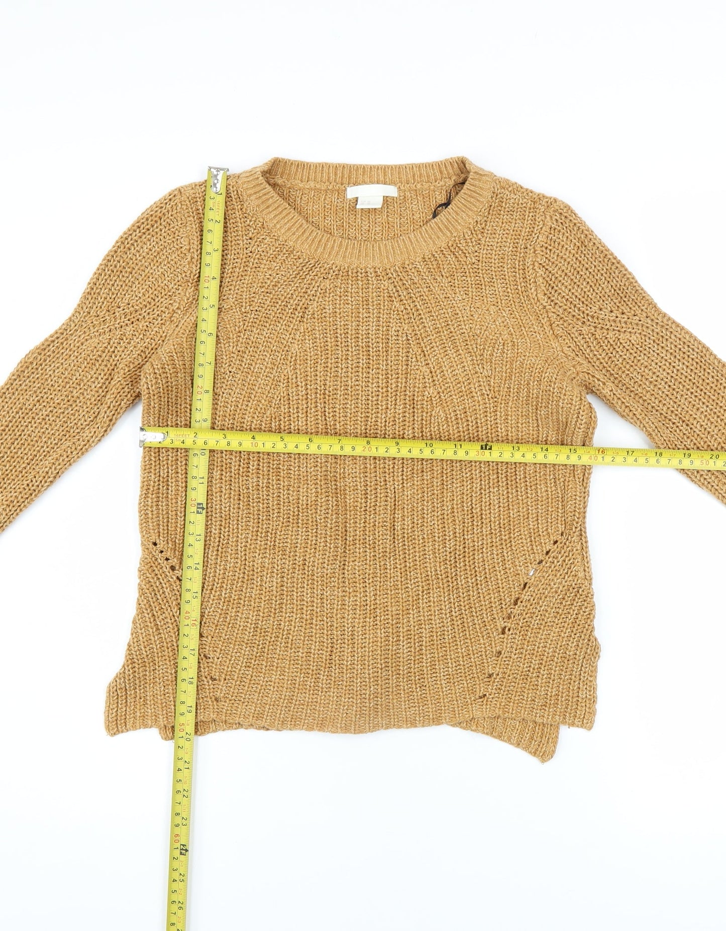 H&M Women Beige Chunky-Knit Cotton Acrylic Crew Neck Pullover Jumper XS