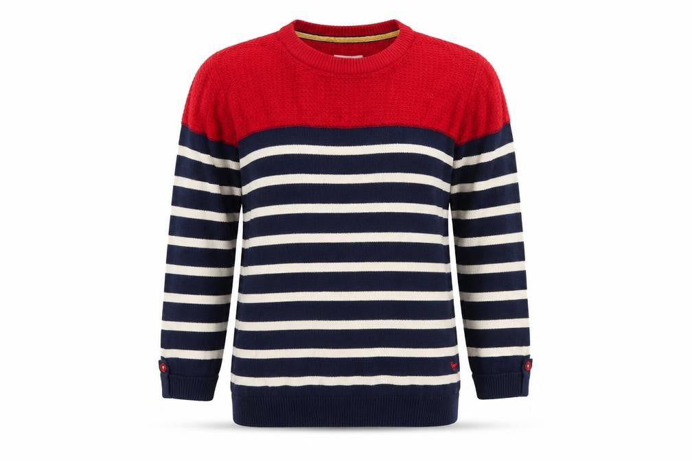 Front view of Country Rose Women Red Navy Striped Cotton Crew Neck Jumper M