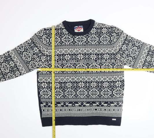 Lee Cooper Mens Blue Fair Isle Christmas Jumper Size L