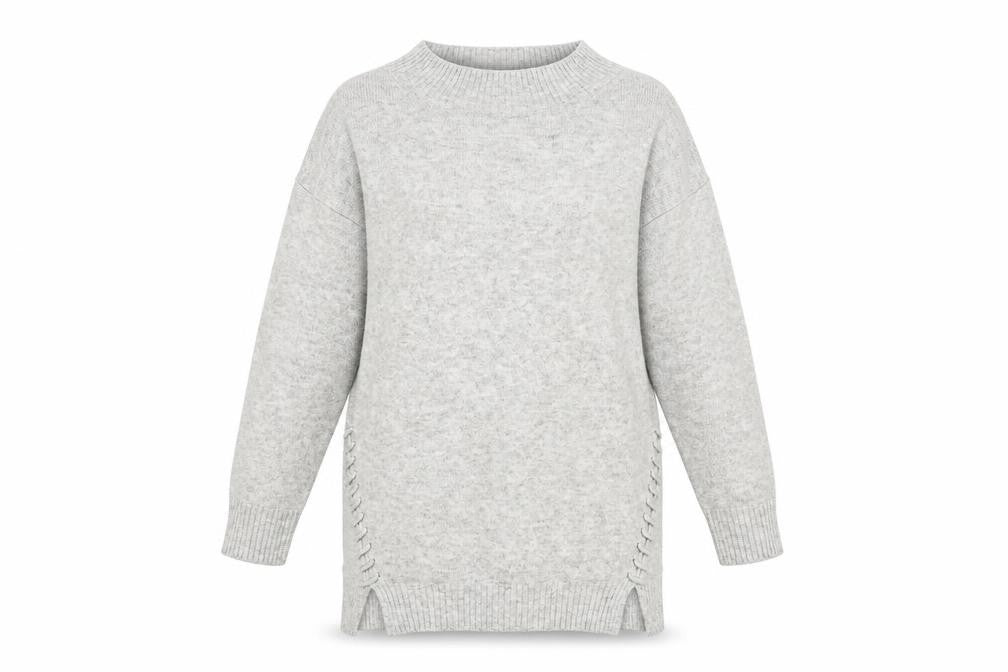 Front view of Miss Selfridge Petites Grey Knit Crew Neck Long Sleeve Jumper UK 10