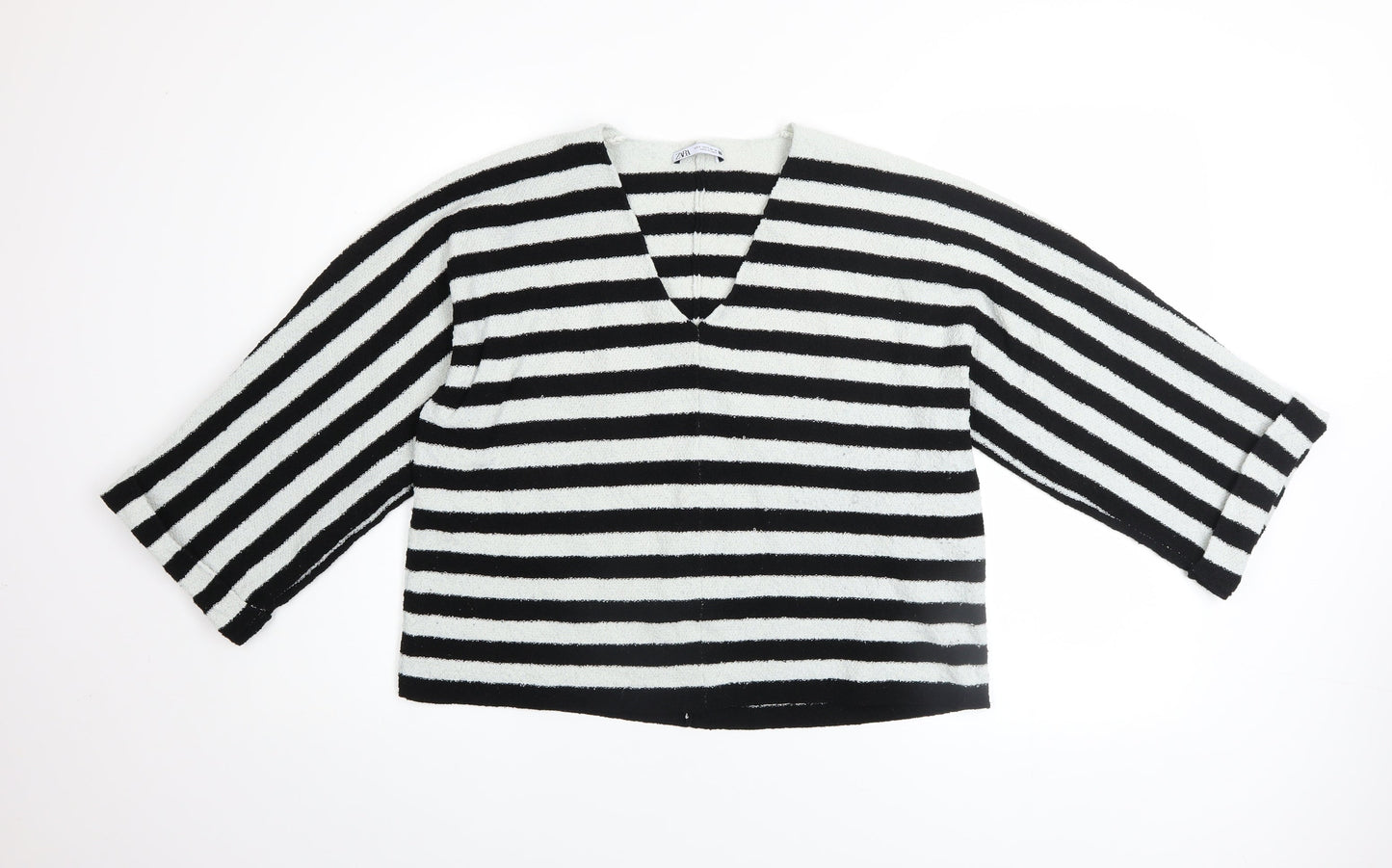 Zara Women Black White Striped V-Neck Relaxed Knit Jumper Size 8