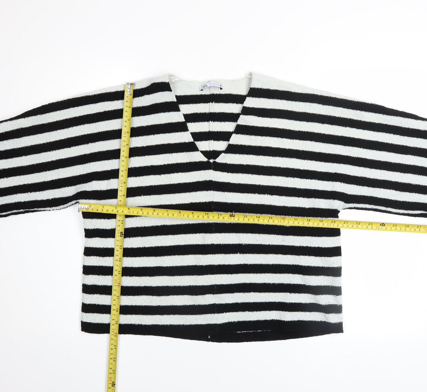 Zara Women Black White Striped V-Neck Relaxed Knit Jumper Size 8