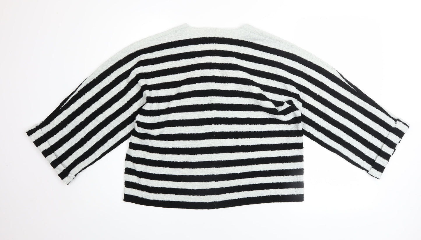 Zara Women Black White Striped V-Neck Relaxed Knit Jumper Size 8