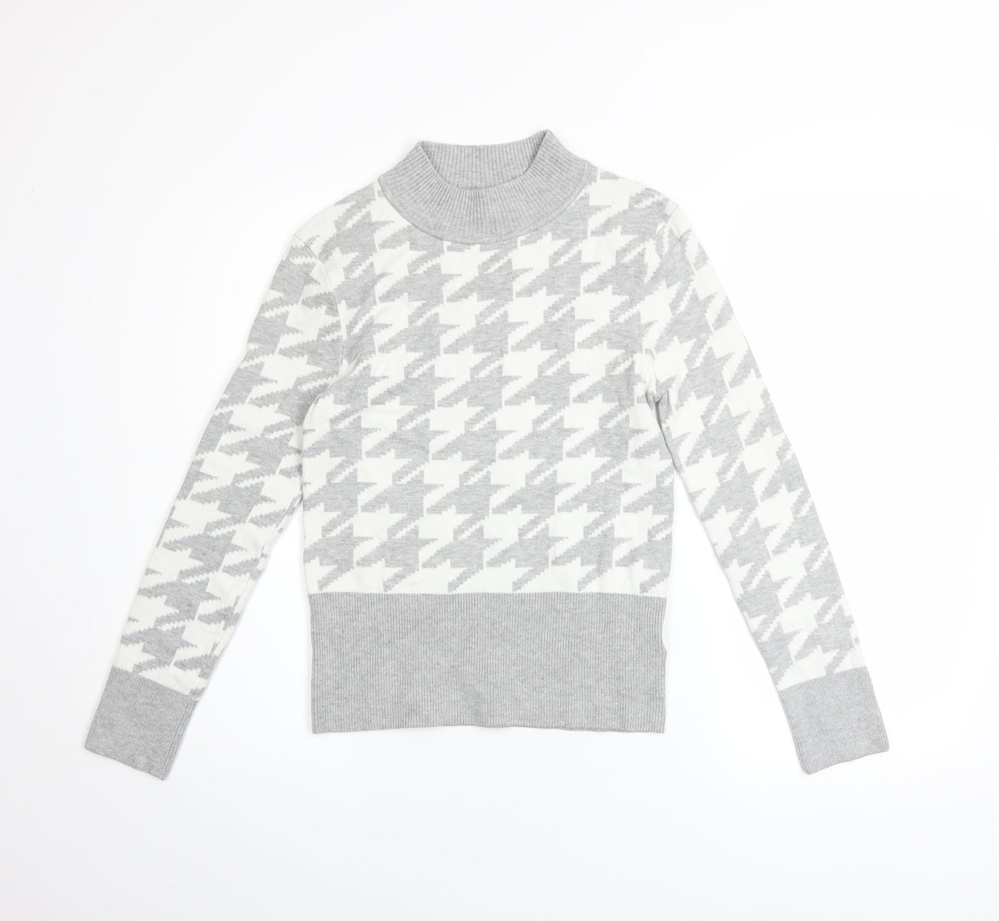 Marks & Spencer Women Grey Mock Neck Houndstooth Knit Jumper Size 10
