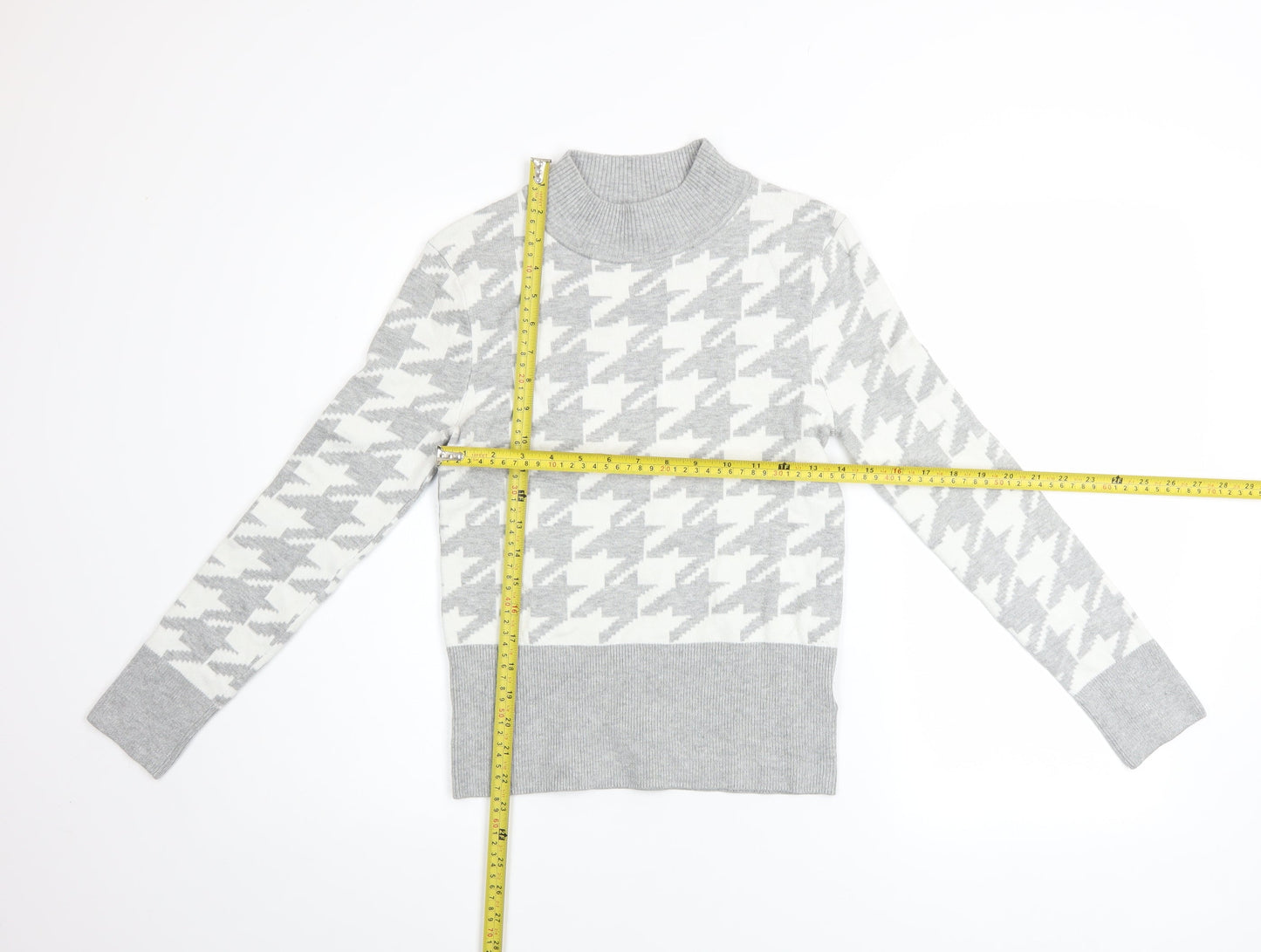 Marks & Spencer Women Grey Mock Neck Houndstooth Knit Jumper Size 10
