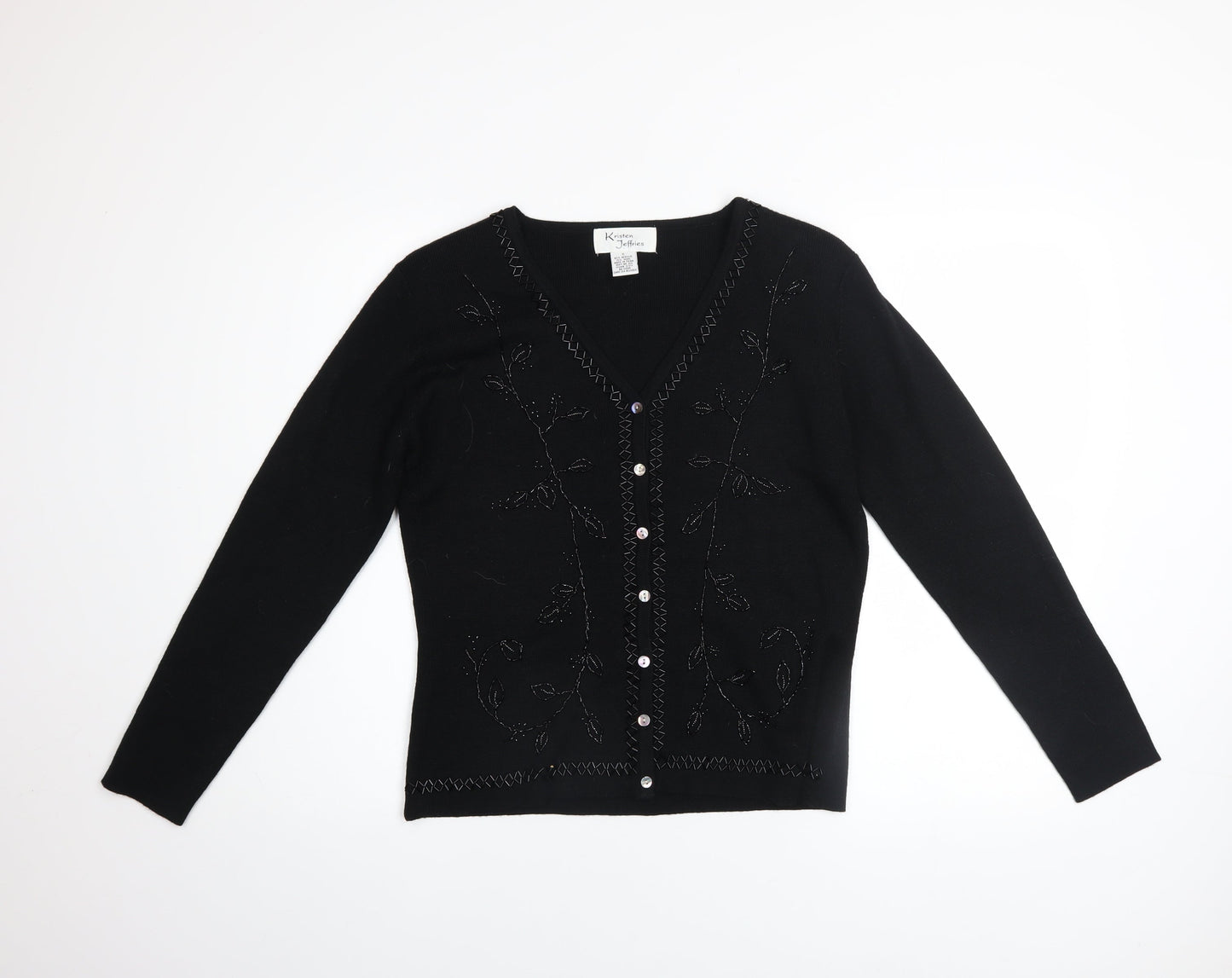 Kristen Jeffries Women's Black Embroidered V-Neck Cardigan S