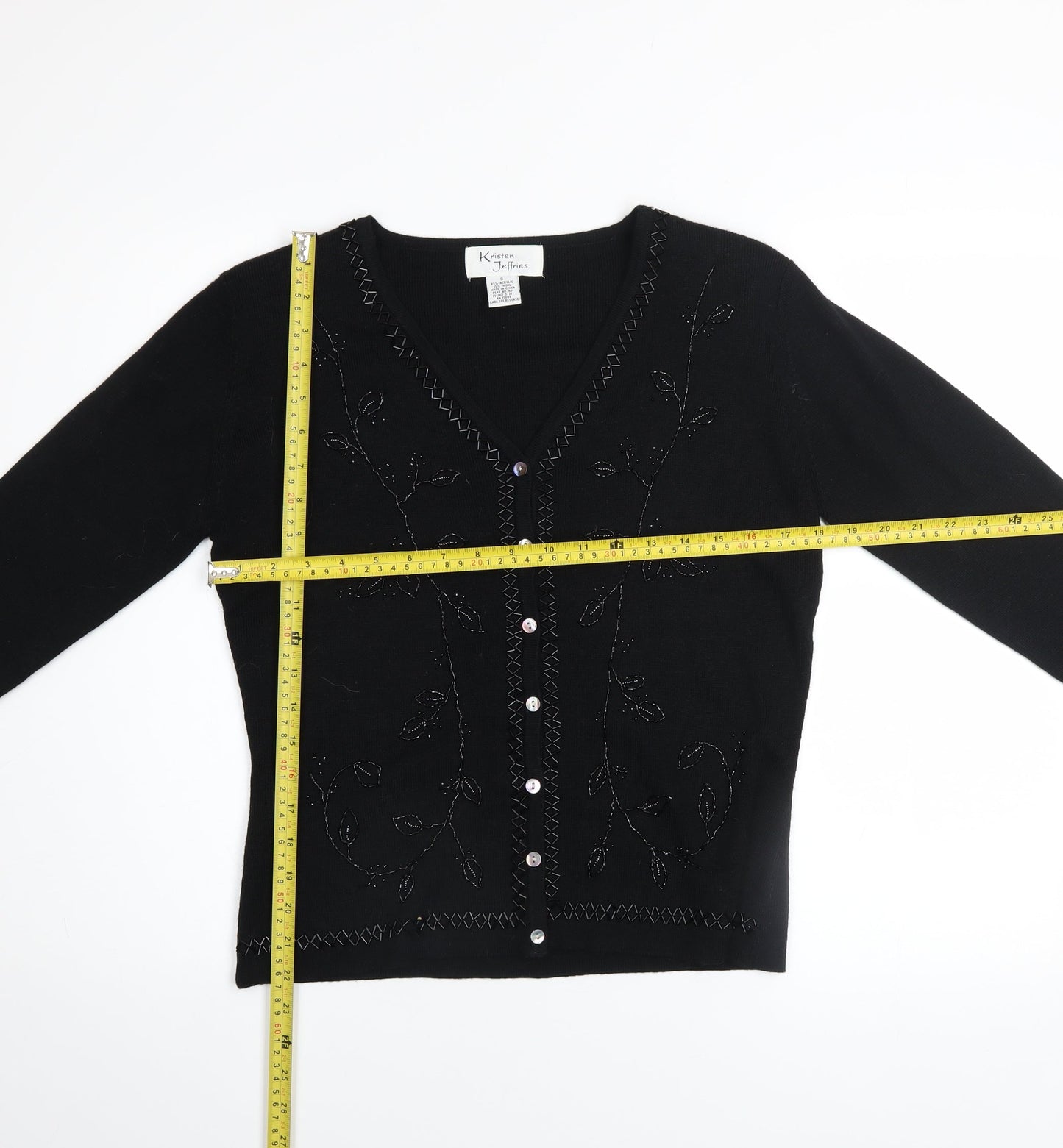 Kristen Jeffries Women's Black Embroidered V-Neck Cardigan S