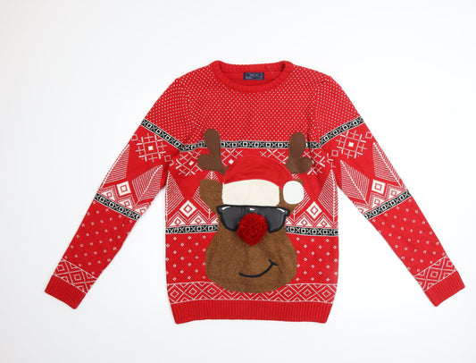 Next Boys Red Christmas Reindeer Jumper 15 Years Acrylic Cotton Blend