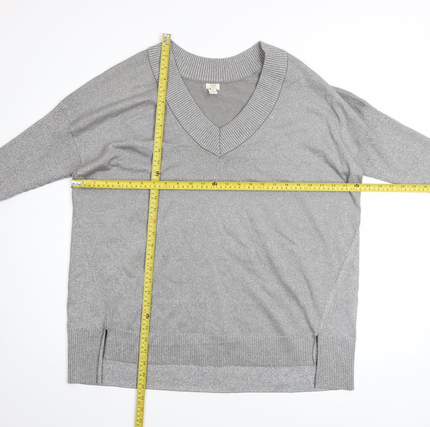 River Island Women’s Grey Metallic V-Neck Long Sleeve Pullover Jumper Size L