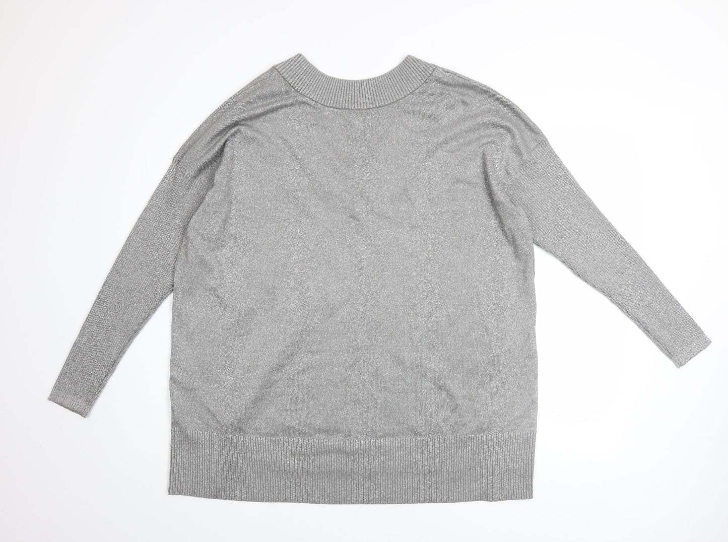 River Island Women’s Grey Metallic V-Neck Long Sleeve Pullover Jumper Size L
