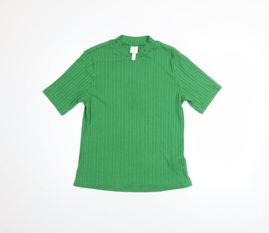 H&M Women’s Green Ribbed High Neck Short Sleeve Knit T-Shirt M