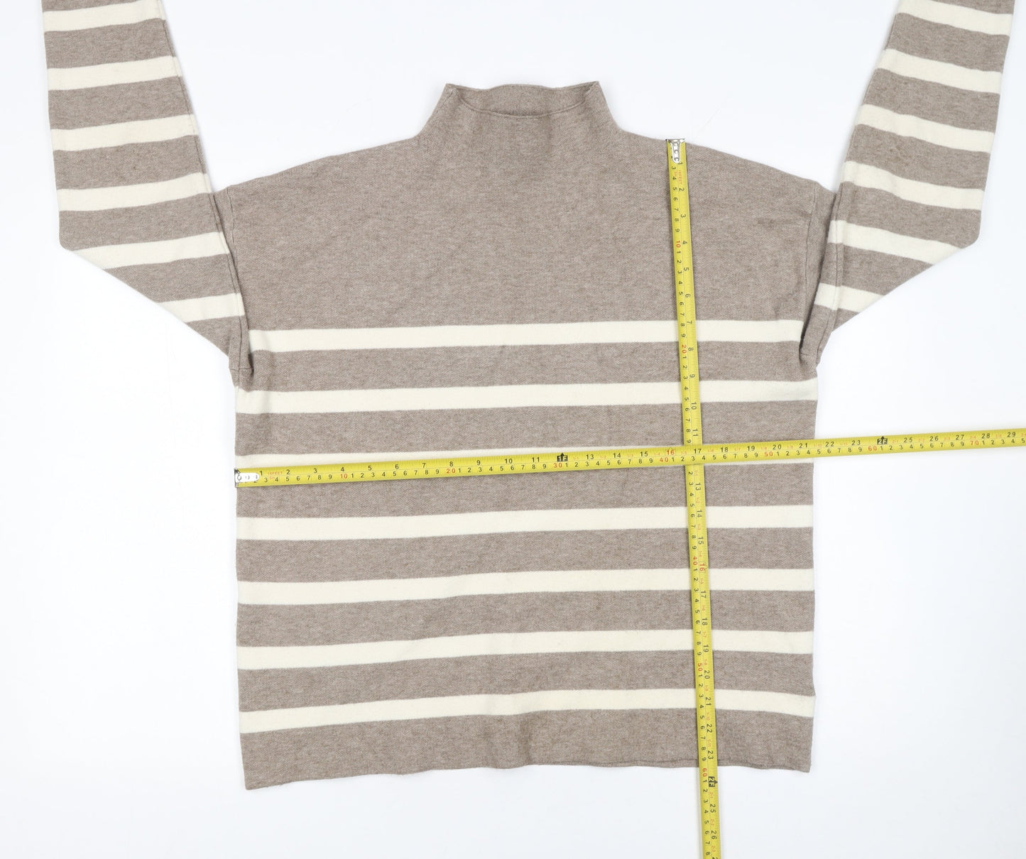 Tahari Women Beige Striped Mock Neck Pullover Jumper Size L