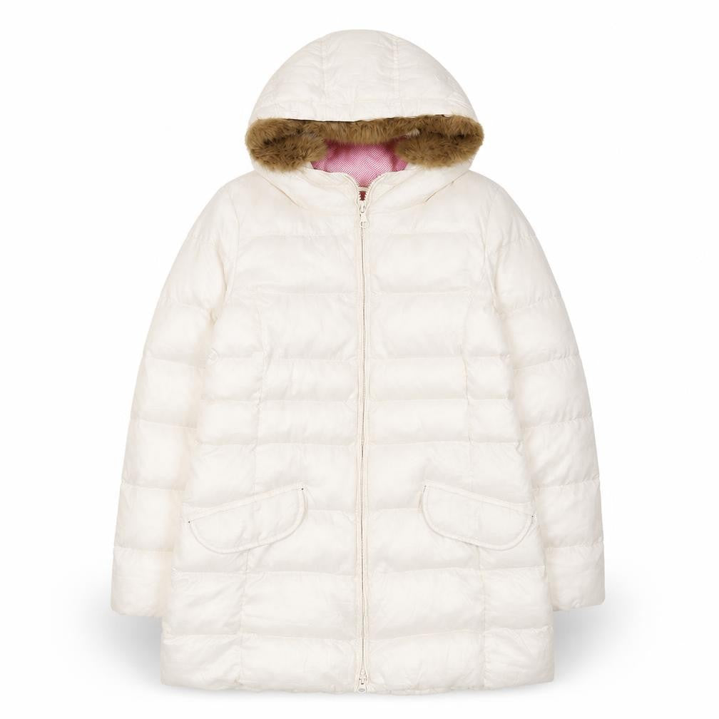 Front view of Uniqlo girls’ ivory hooded puffer coat 10 years faux fur trim winter warm
