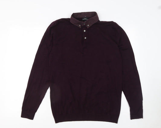 Next Men's Purple Long Sleeve Cotton Blend Polo - Medium