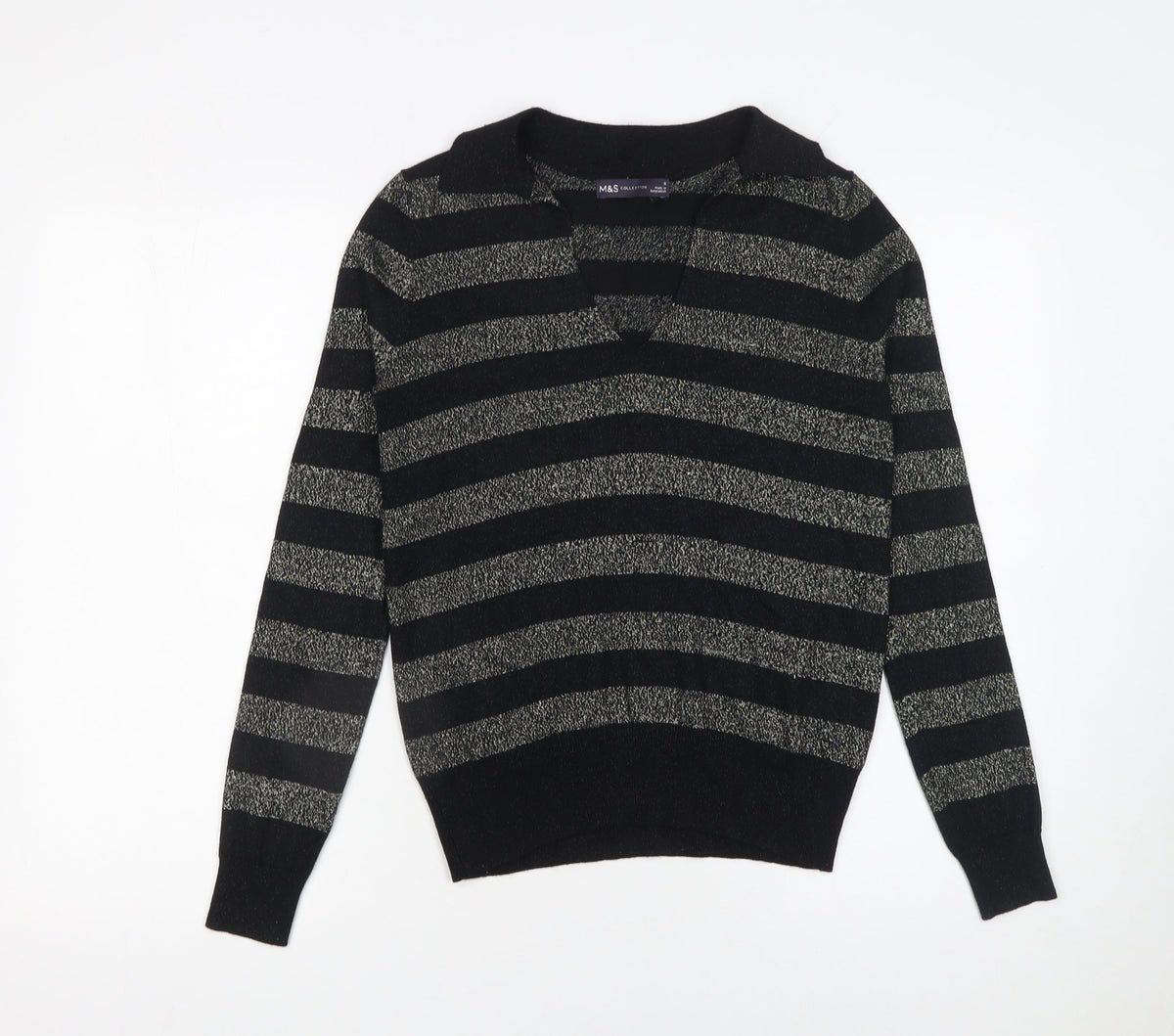 Marks and Spencer Women’s Black Striped Collared Pullover Jumper Size S