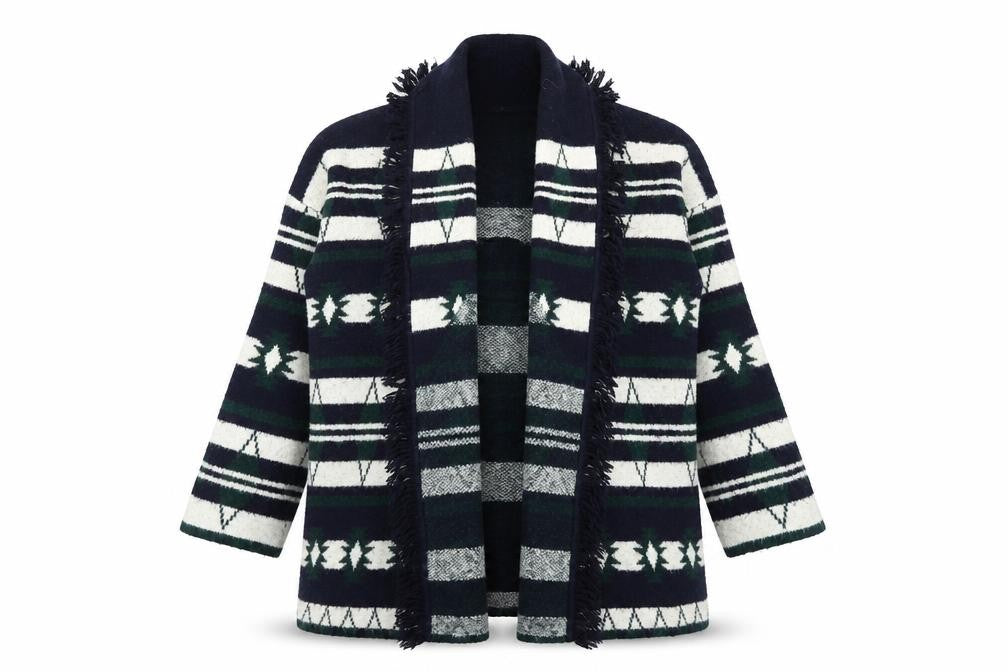 Tahari Women’s Multicoloured Geometric Fringe Knit Cardigan M