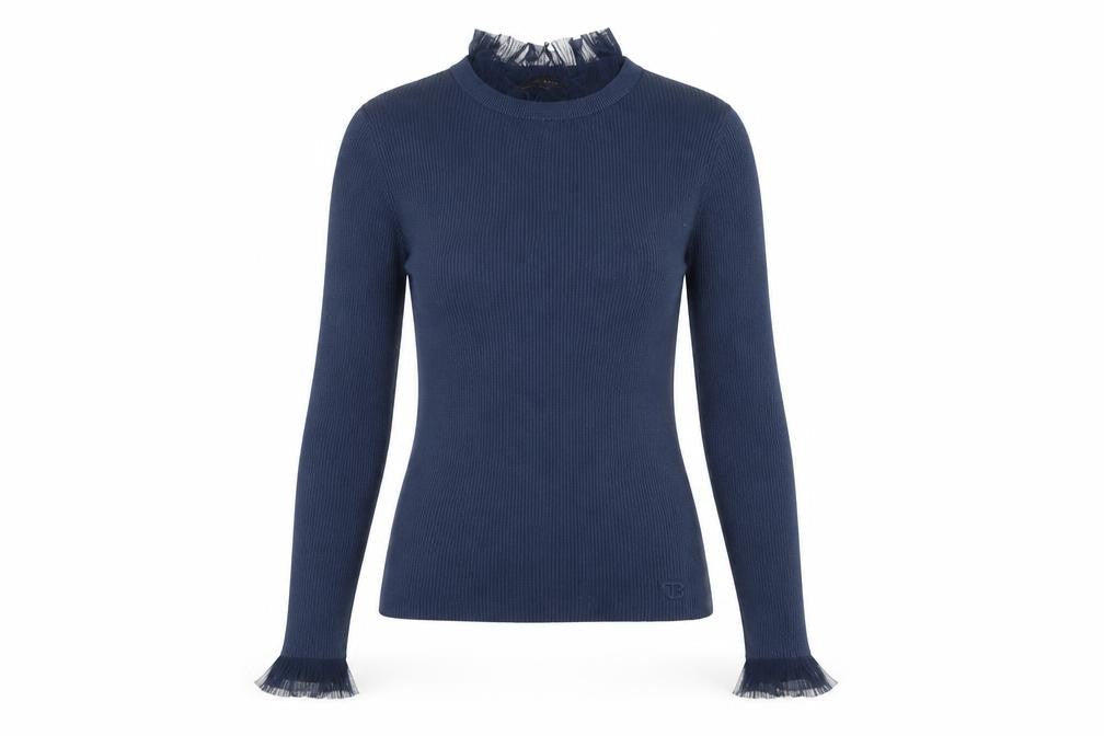 Ted Baker Women's Blue High Neck Ruffle Trim Slim Fit Jumper Size S