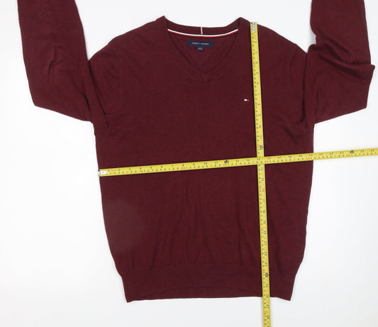 Tommy Hilfiger Men’s Red V-Neck Cotton Jumper M Classic Knit