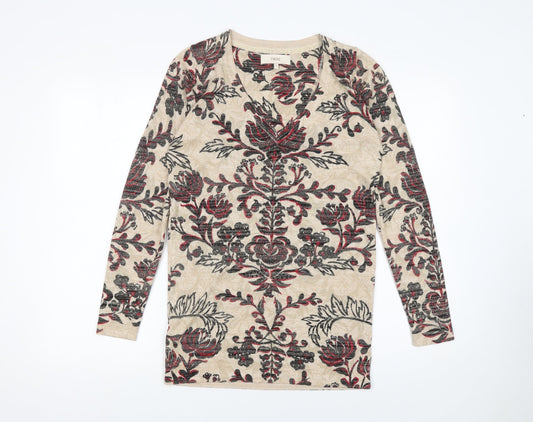 Next Women Beige Floral V-Neck Pullover Jumper Size 10