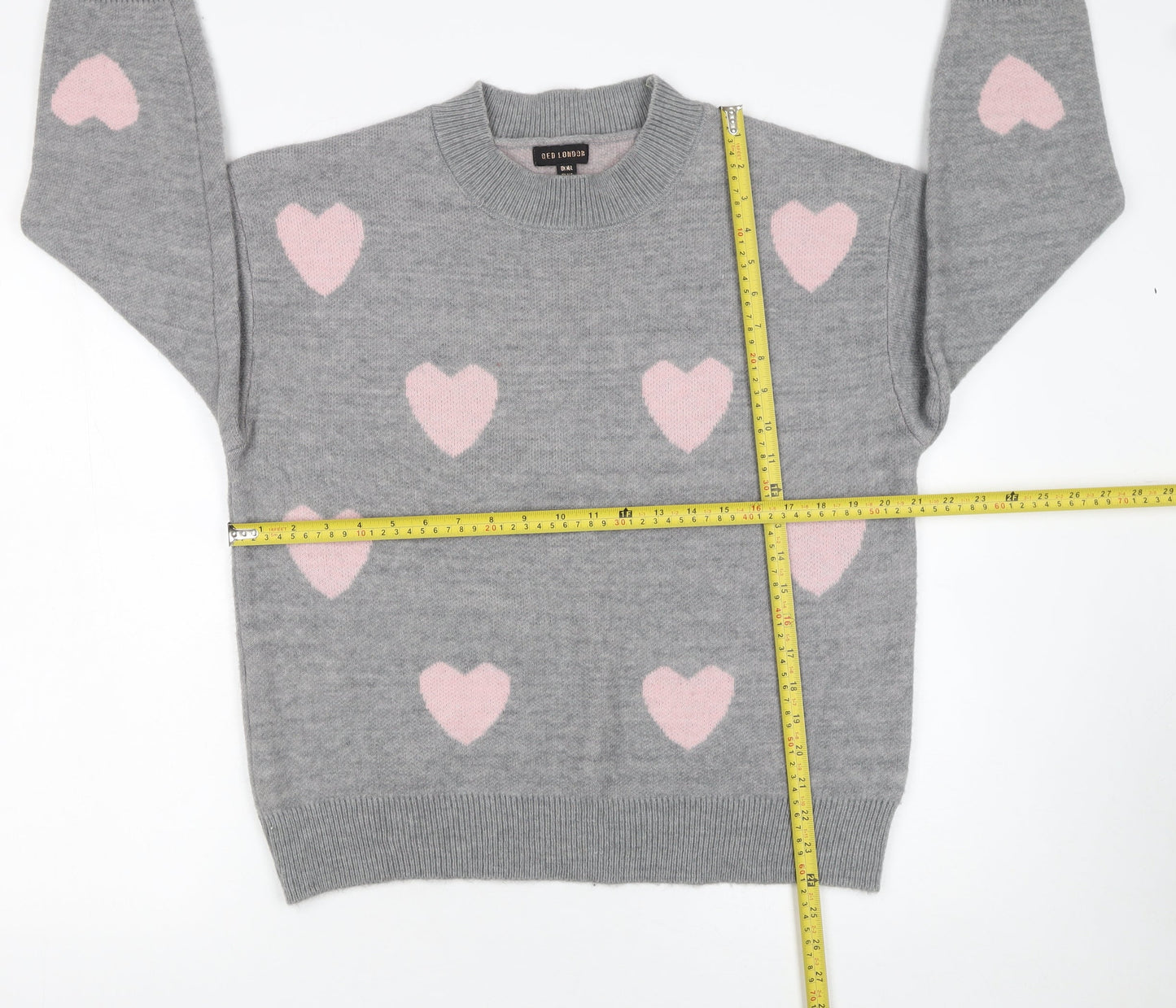 QED London Women Grey Pink Heart Knit Pullover Jumper M