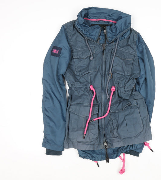 Superdry Women's Blue XS Hooded Parka Jacket with Pink Drawstrings