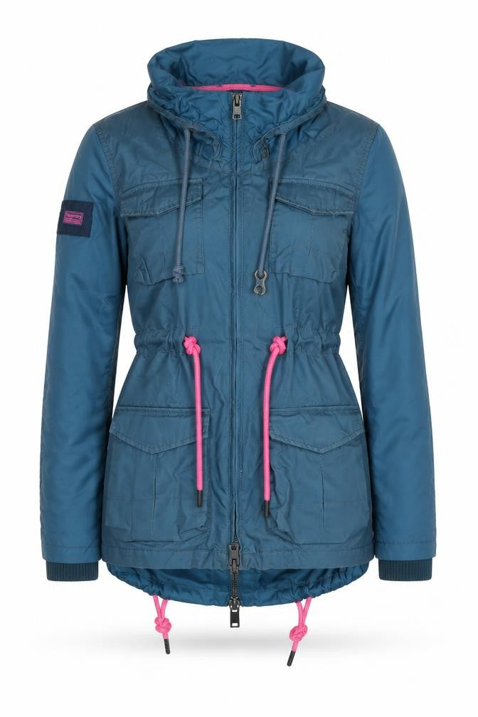 Superdry Women's Blue XS Hooded Parka Jacket with Pink Drawstrings