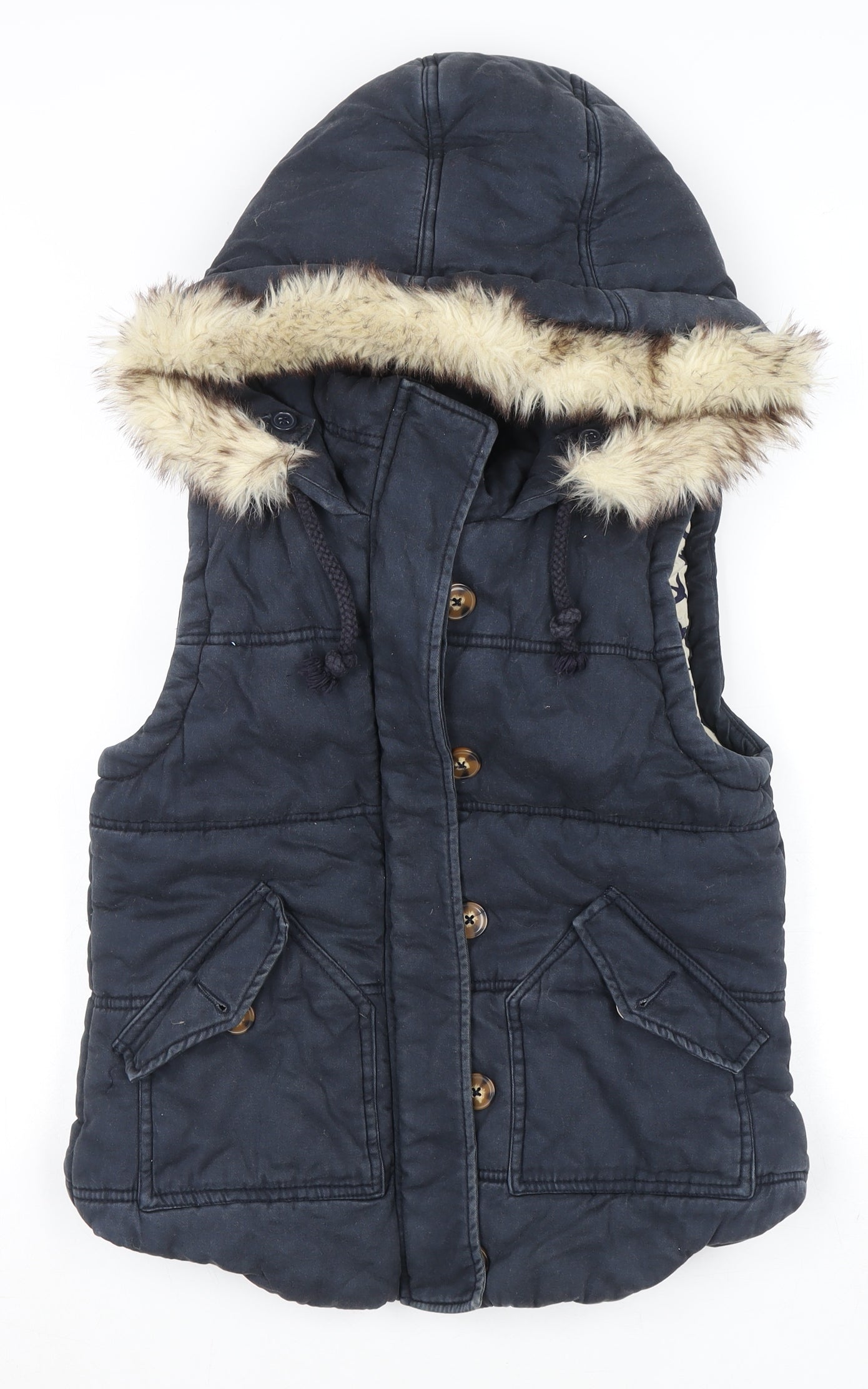 River Island Women's Blue Hooded Fur Trim Padded Waistcoat Size 8