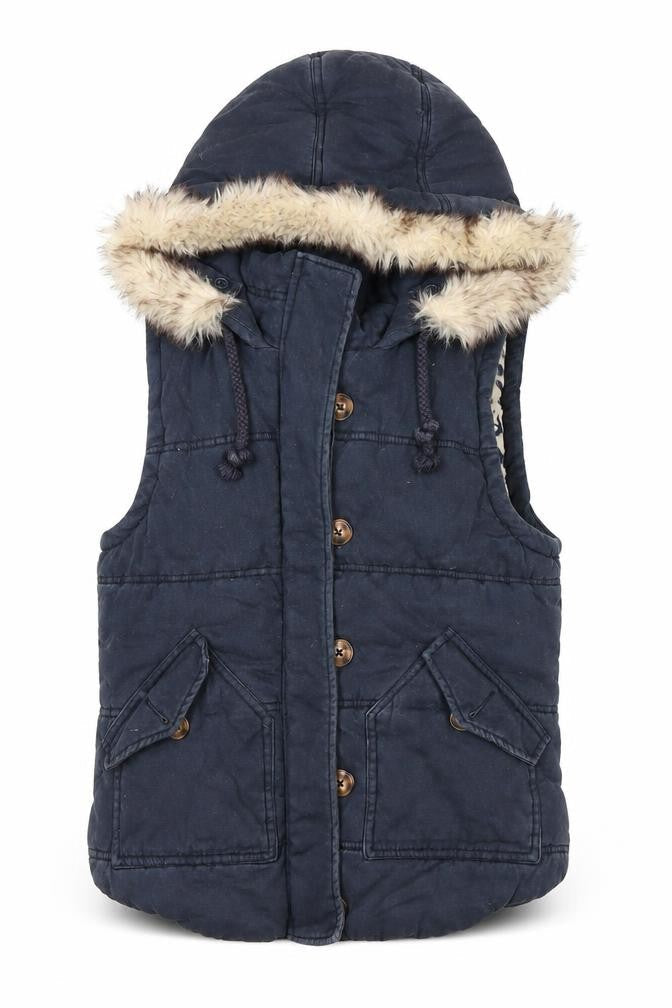 River Island Women's Blue Hooded Fur Trim Padded Waistcoat Size 8
